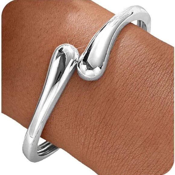 Silver Bangle Bracelets for Women and Teens Adjustable Chunky Twist Cuff - Picture 2 of 6